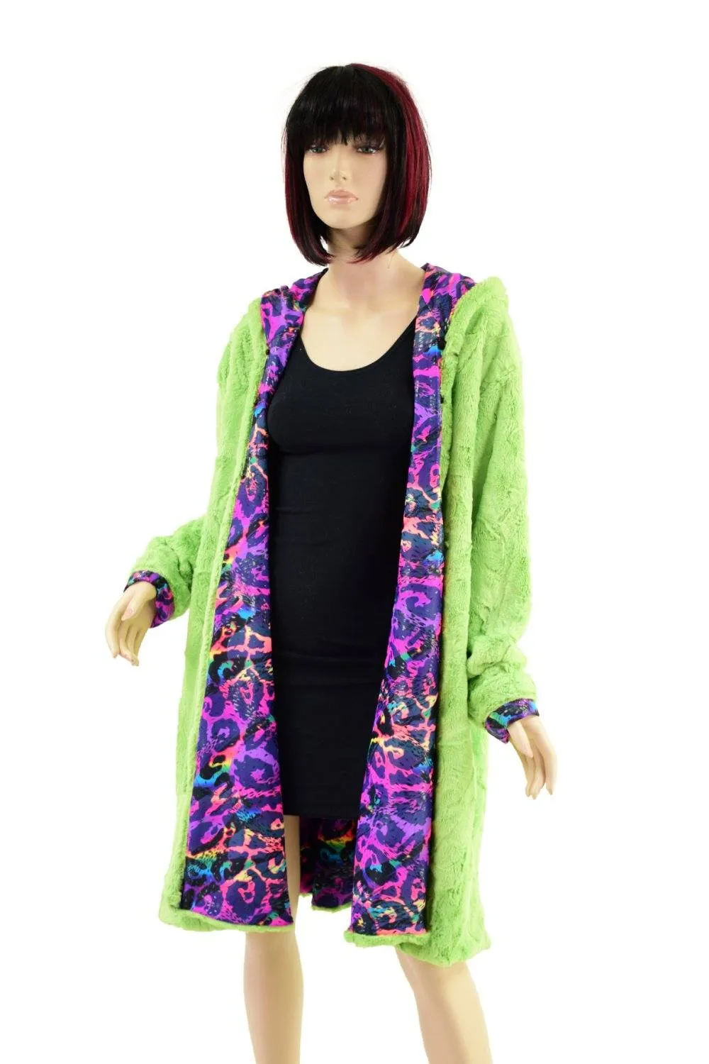 Avocado Minky and Rainbow Leopard Reversible A Line Coat