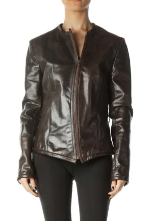 Brown Zippered Long Sleeve Heavy Leather Jacket