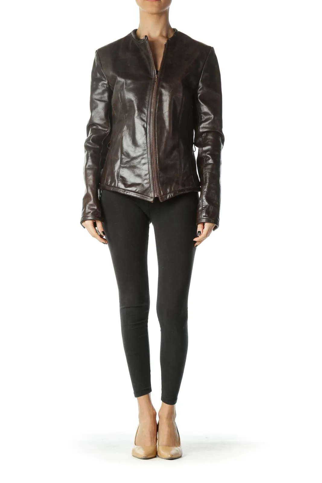 Brown Zippered Long Sleeve Heavy Leather Jacket