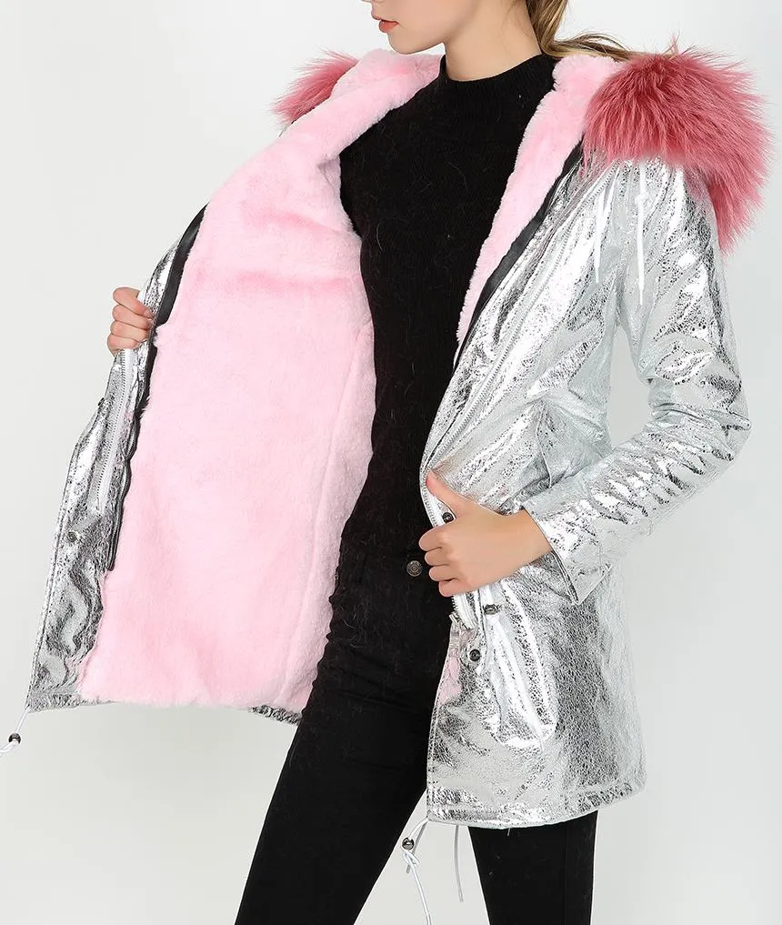 Crackle Silver Faux-Leather Full-Fur-Hooded and Lined Parka Coat - Various Colors to choose from