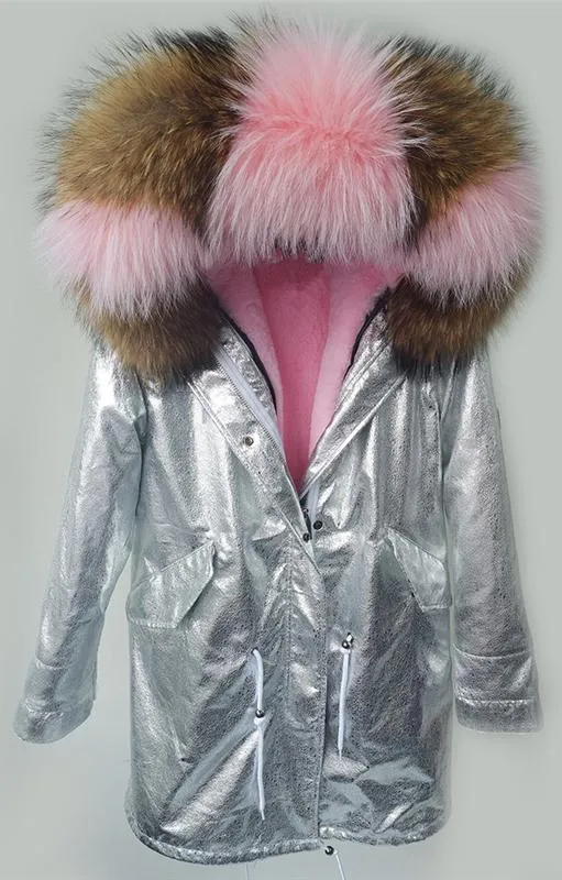 Crackle Silver Faux-Leather Full-Fur-Hooded and Lined Parka Coat - Various Colors to choose from