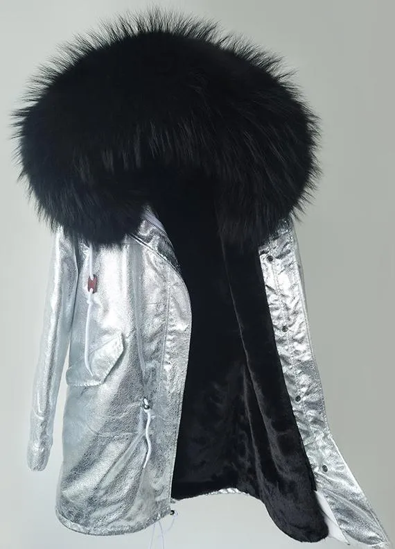 Crackle Silver Faux-Leather Full-Fur-Hooded and Lined Parka Coat - Various Colors to choose from