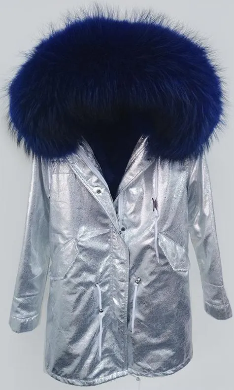 Crackle Silver Faux-Leather Full-Fur-Hooded and Lined Parka Coat - Various Colors to choose from