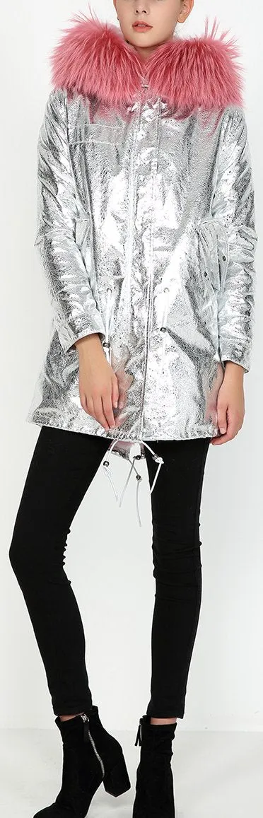 Crackle Silver Faux-Leather Full-Fur-Hooded and Lined Parka Coat - Various Colors to choose from