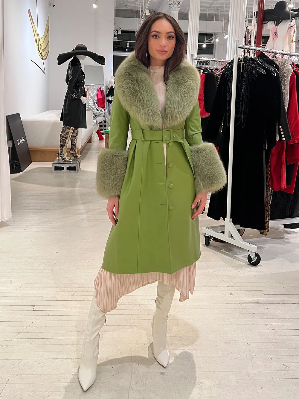 Faux Fur Genuine Leather Coat In Lime Green