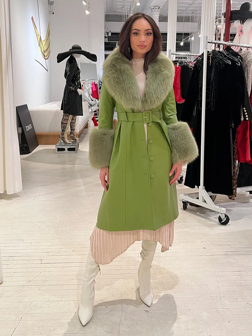 Faux Fur Genuine Leather Coat In Lime Green