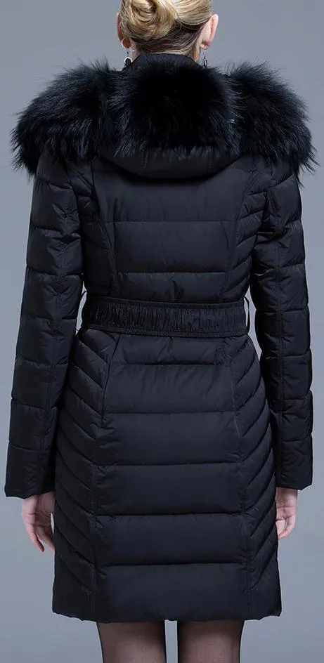 Fur Collar Belted Puffer Down Coat, Black