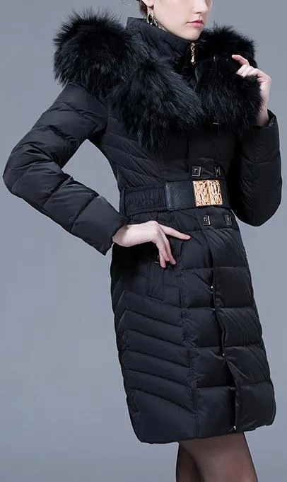 Fur Collar Belted Puffer Down Coat, Black