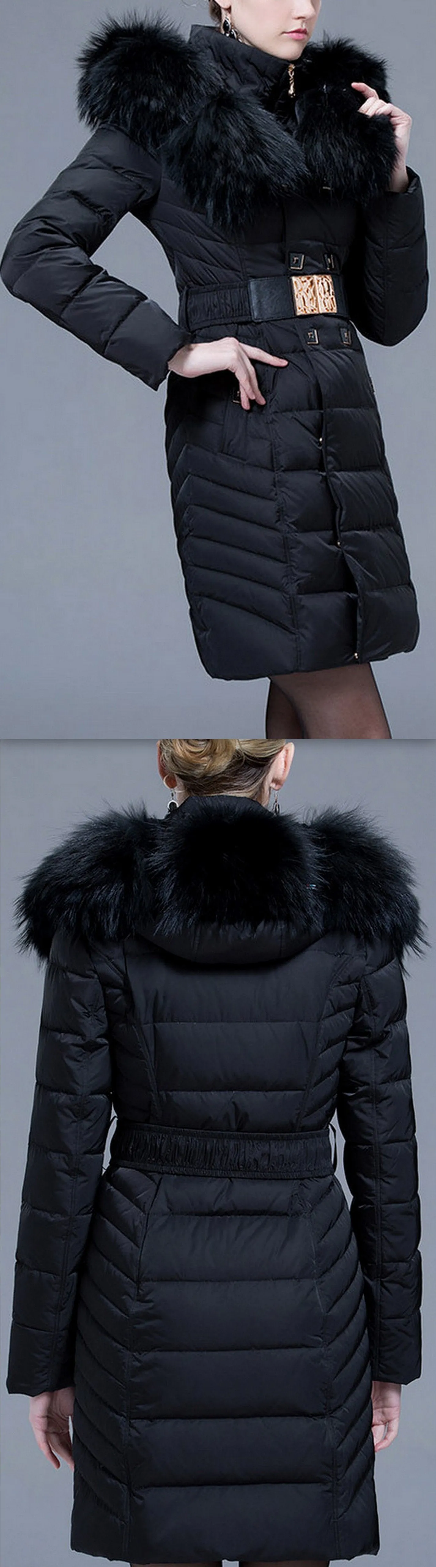 Fur Collar Belted Puffer Down Coat, Black