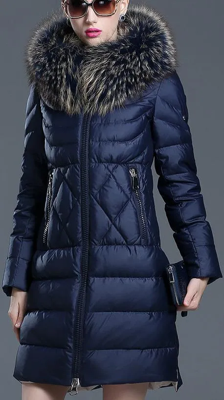 Fur-Hooded Puffer Down Coat, Deep Blue