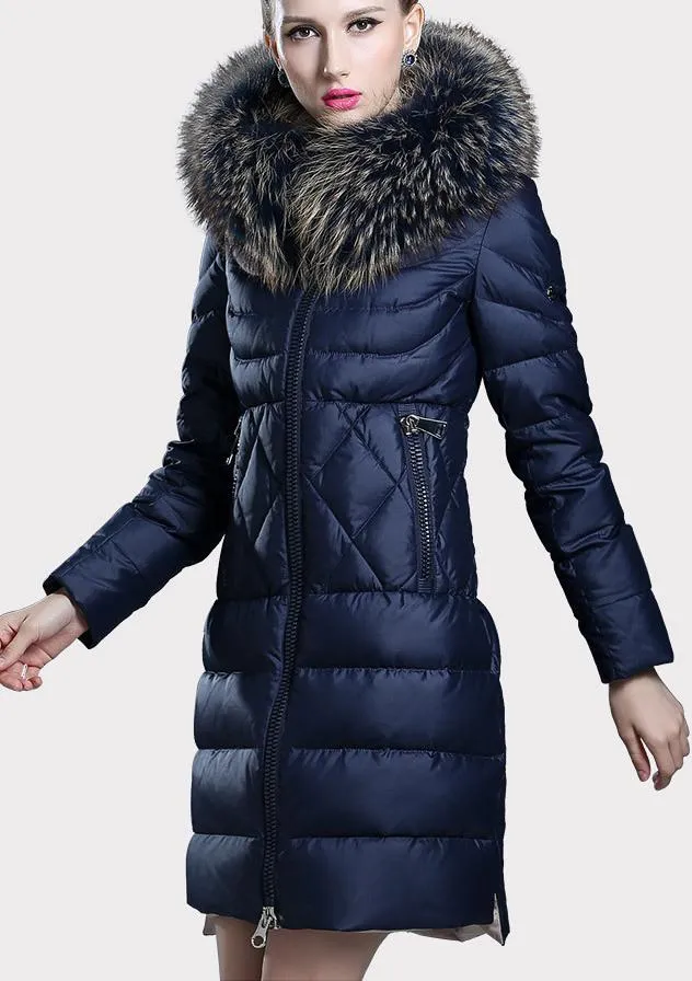 Fur-Hooded Puffer Down Coat, Deep Blue