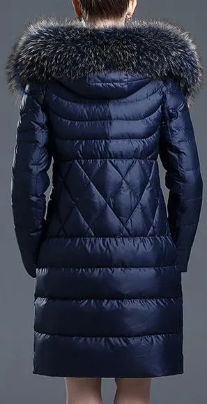 Fur-Hooded Puffer Down Coat, Deep Blue