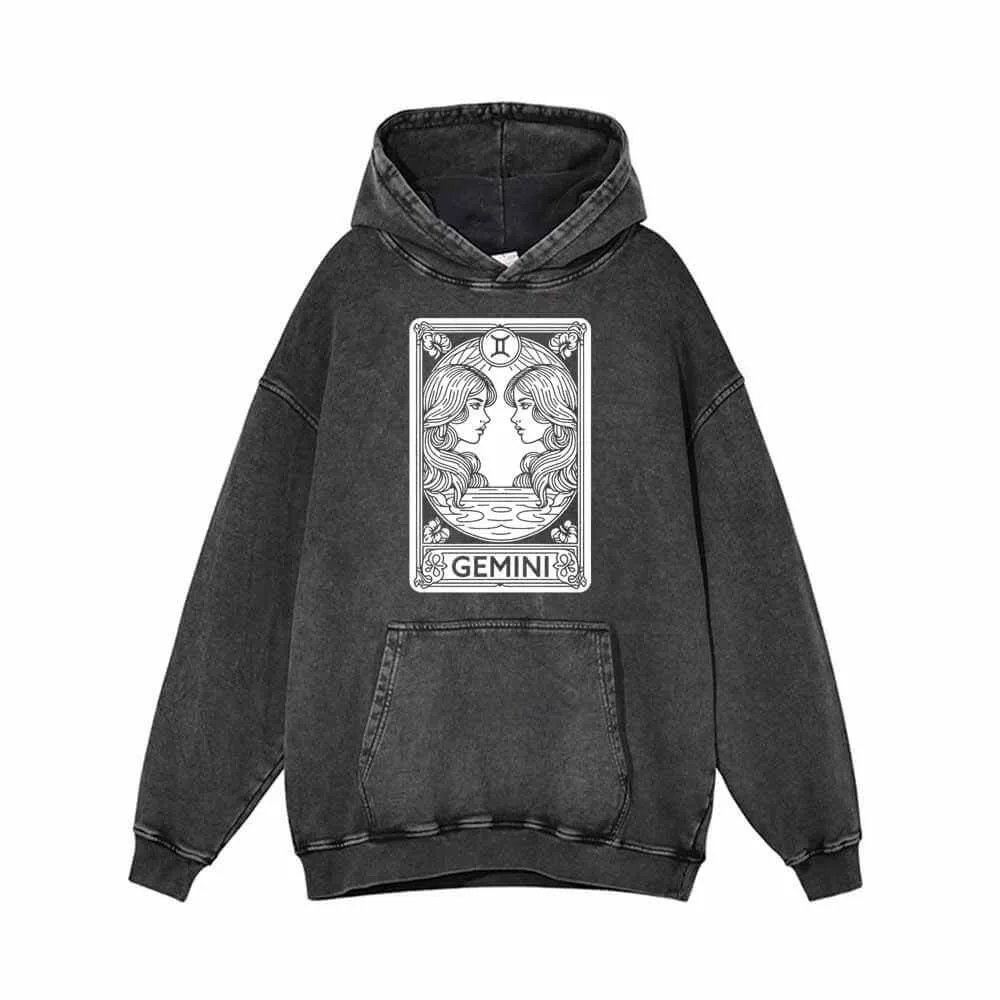 Gemini Tarot Card Horoscope Vintage Washed Hoodie