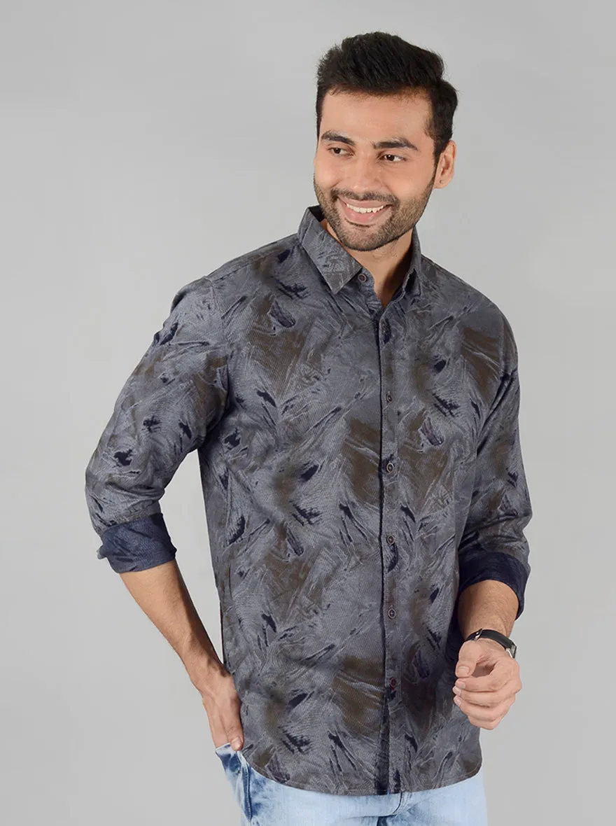 Grey Printed Slim Fit Casual Shirt | JadeBlue