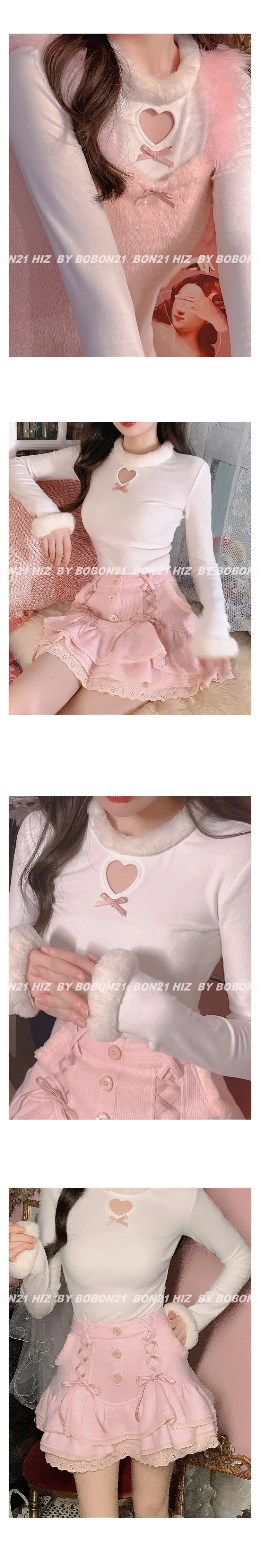 Japanese Pink Sweet Lolita Blouse Women Winter Warm Kawaii Knitted Blouse Female Long Sleeve Tops Korean Style Clothing New