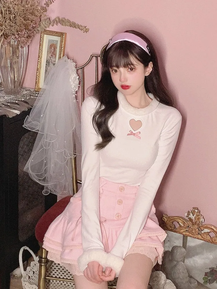 Japanese Pink Sweet Lolita Blouse Women Winter Warm Kawaii Knitted Blouse Female Long Sleeve Tops Korean Style Clothing New