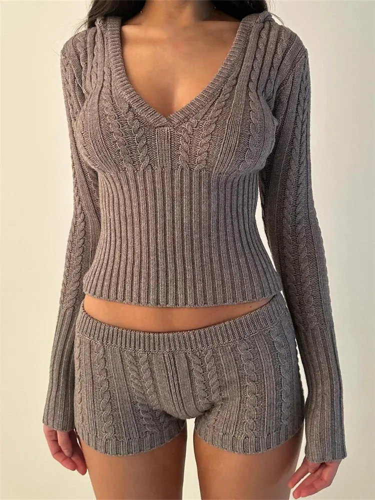 JuliaFashion - Knitted Ribbed   Hooded V-neck  Tops Low Waist Shorts Suits