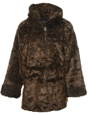 Leopard Pattern Black & Dark Brown 1990s Faux Fur Coat - L