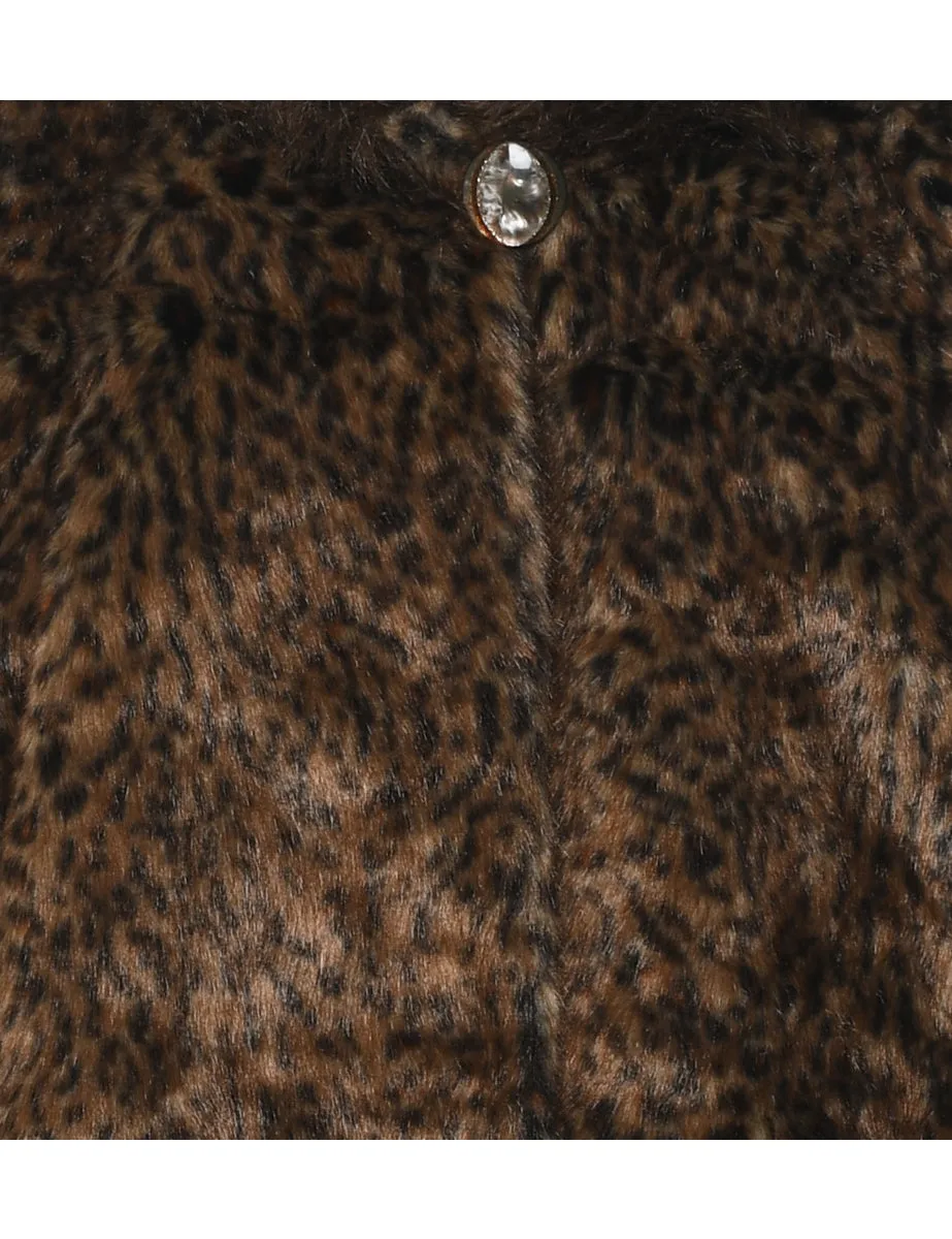 Leopard Pattern Black & Dark Brown 1990s Faux Fur Coat - L