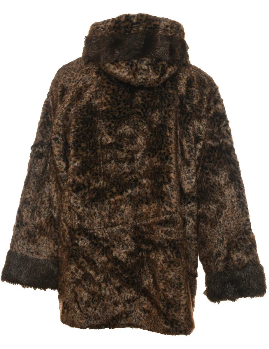 Leopard Pattern Black & Dark Brown 1990s Faux Fur Coat - L