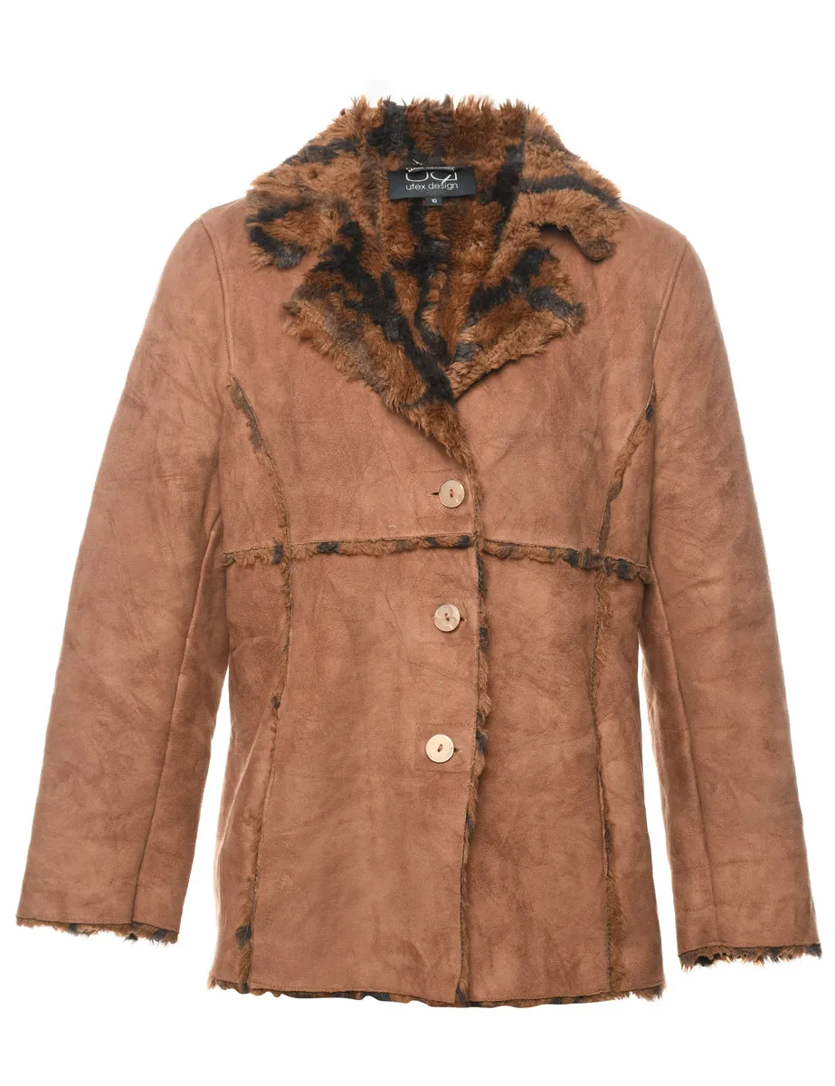 Light Brown & Orange Shearling Lined Coat - L