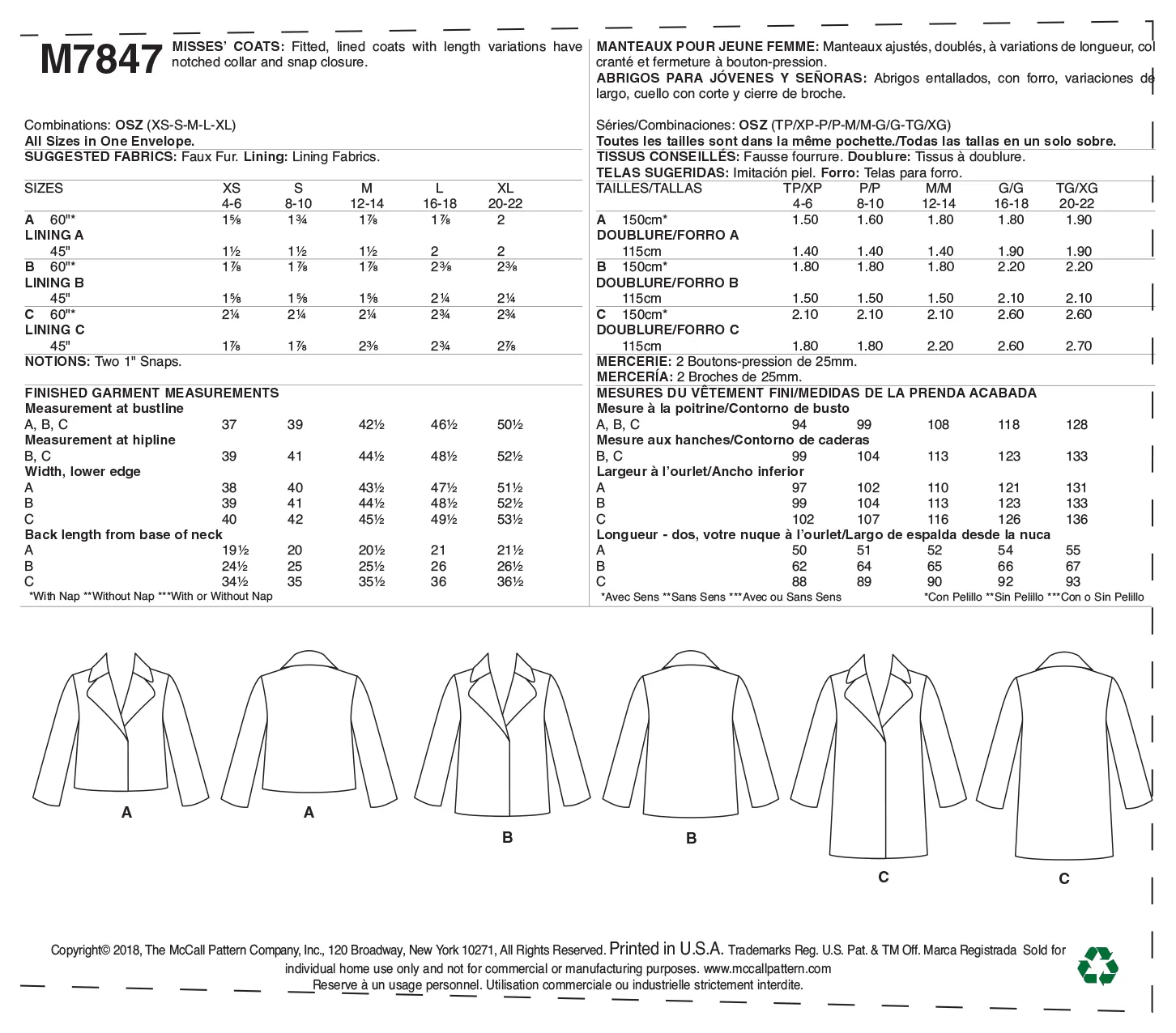 M7847 Misses' Coats (size: XS-S-M-L-XL)