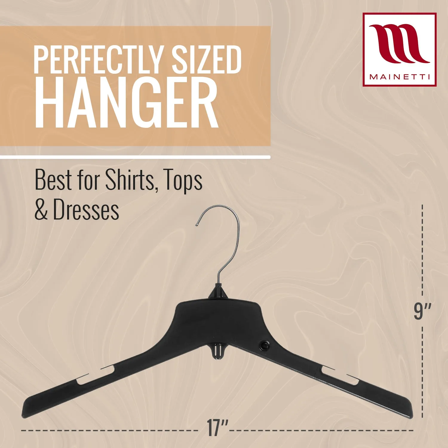 Mainetti 3328, 17" Heavy Duty Black Plastic, Jacket Coat Outerwear Hangers, with standard turnable metal hook