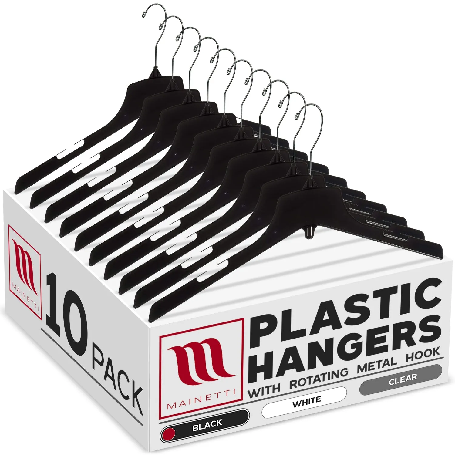 Mainetti 3329, 17" Heavy Duty Black Plastic, Jacket Coat Outerwear Hangers, with long turnable metal hook