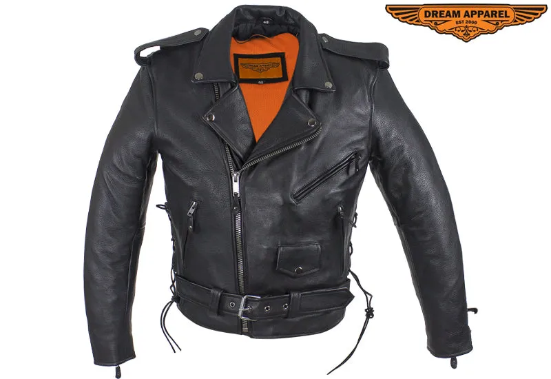 Mens Classic Police Style Motorcycle Jacket With Side Laces, Super soft Naked Cowhide Leather