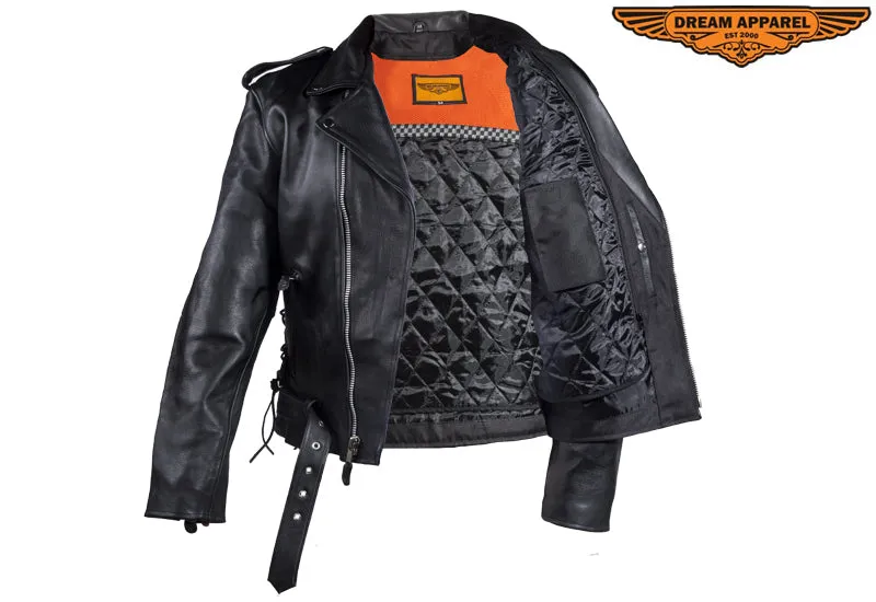 Mens Classic Police Style Motorcycle Jacket With Side Laces, Super soft Naked Cowhide Leather