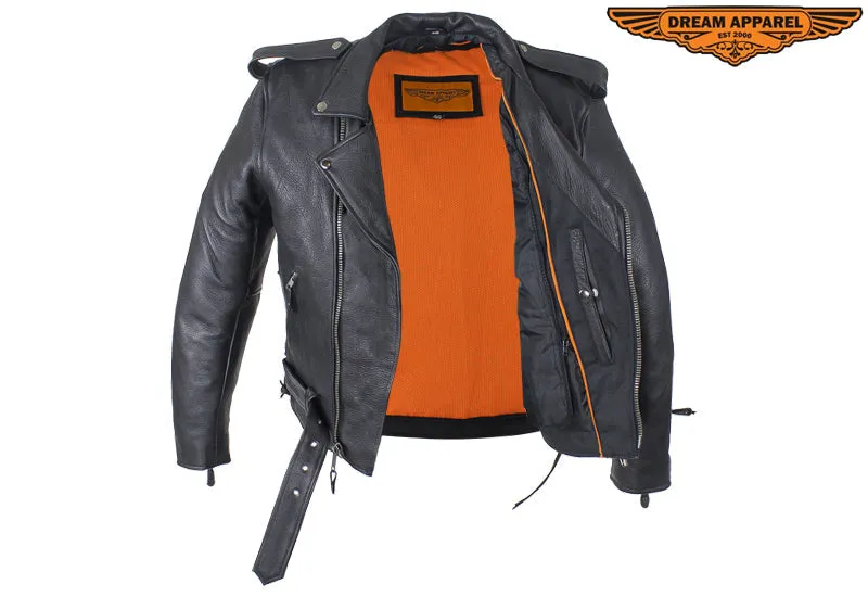 Mens Classic Police Style Motorcycle Jacket With Side Laces, Super soft Naked Cowhide Leather