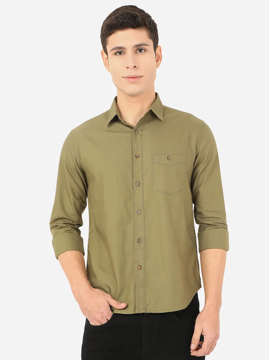 Olive Brown Solid Slim Fit Semi Casual Shirt | Greenfibre