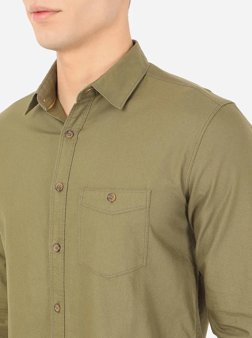 Olive Brown Solid Slim Fit Semi Casual Shirt | Greenfibre