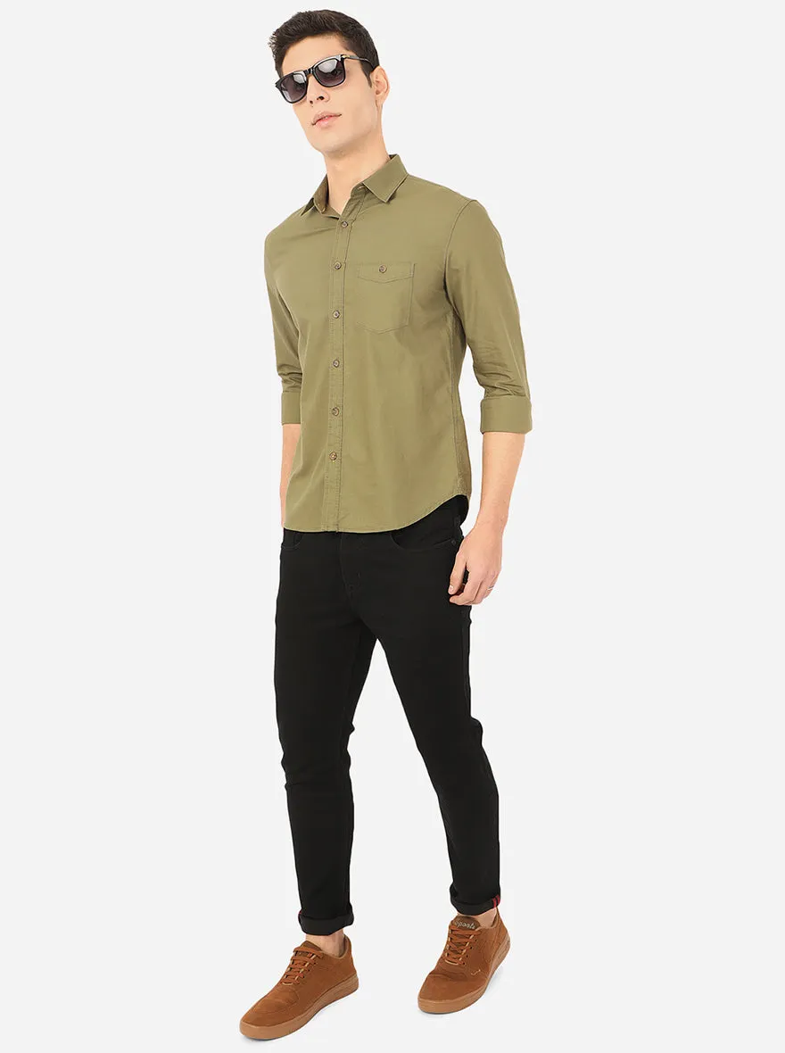 Olive Brown Solid Slim Fit Semi Casual Shirt | Greenfibre