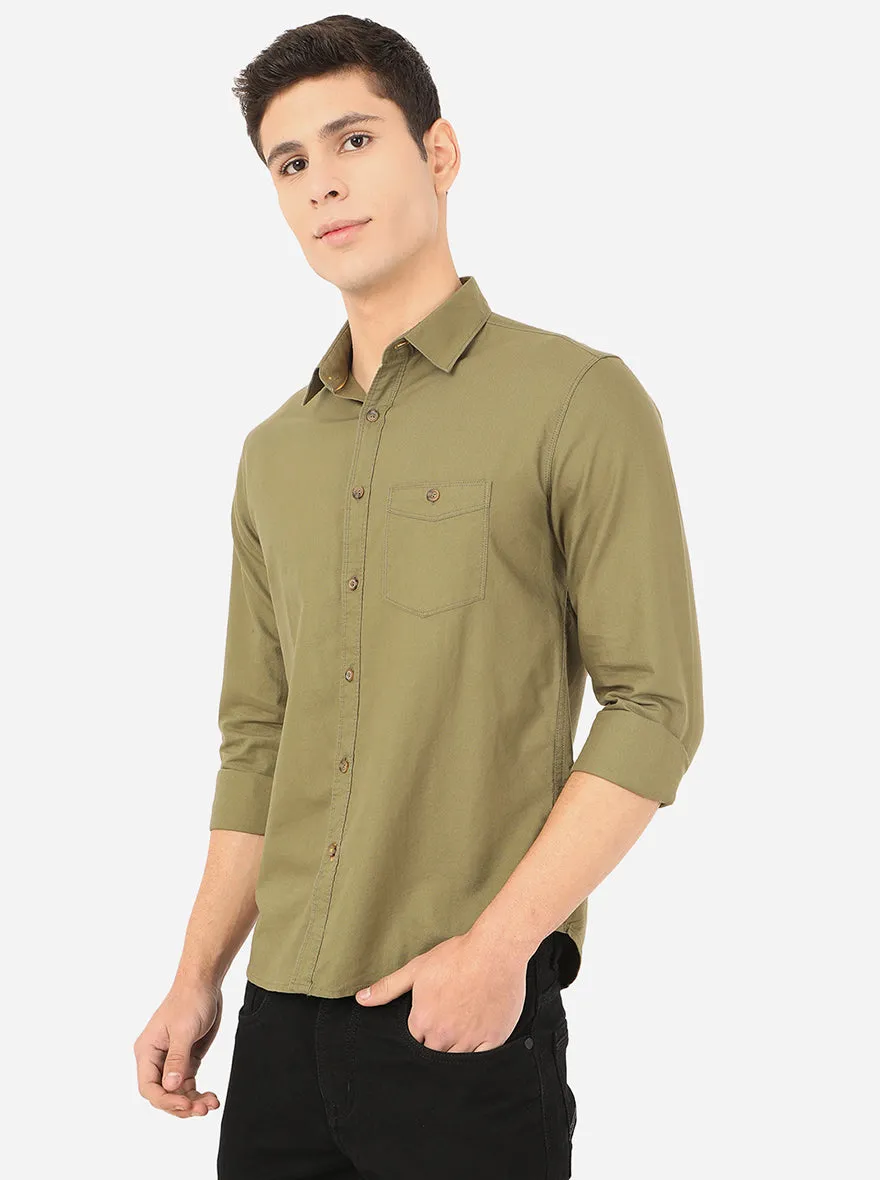 Olive Brown Solid Slim Fit Semi Casual Shirt | Greenfibre