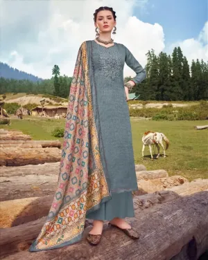 Pashmina Grey Winter Unstitched Suit Material With Dupatta