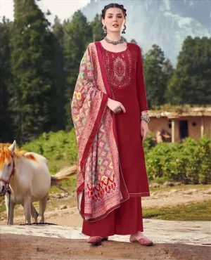 Pashmina Red Winter Unstitched Suit Material With Dupatta