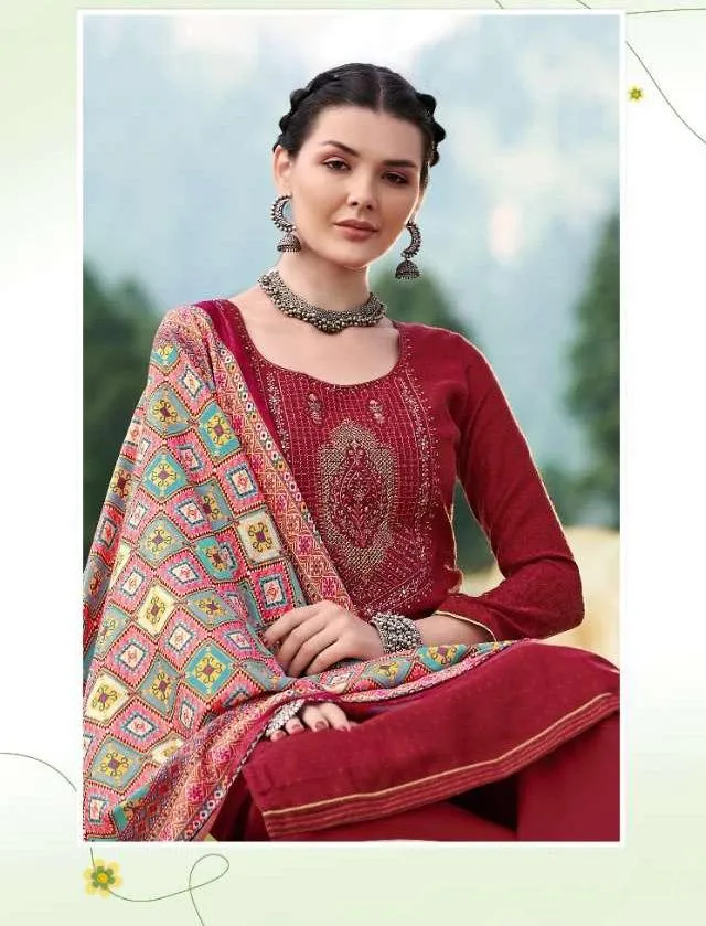 Pashmina Red Winter Unstitched Suit Material With Dupatta