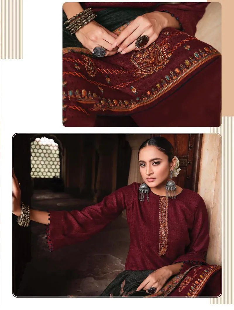 Pure Pashmina Maroon Unstitched Winter Suit Set With Printed Shawl