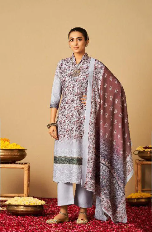 Rayon Pashmina Unstitched Winter Light Grey Printed Suits Set with Embroidery