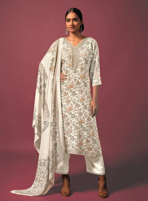 Rivaa Pashmina Off-White Printed Unstitched Winter Suit Dress Material