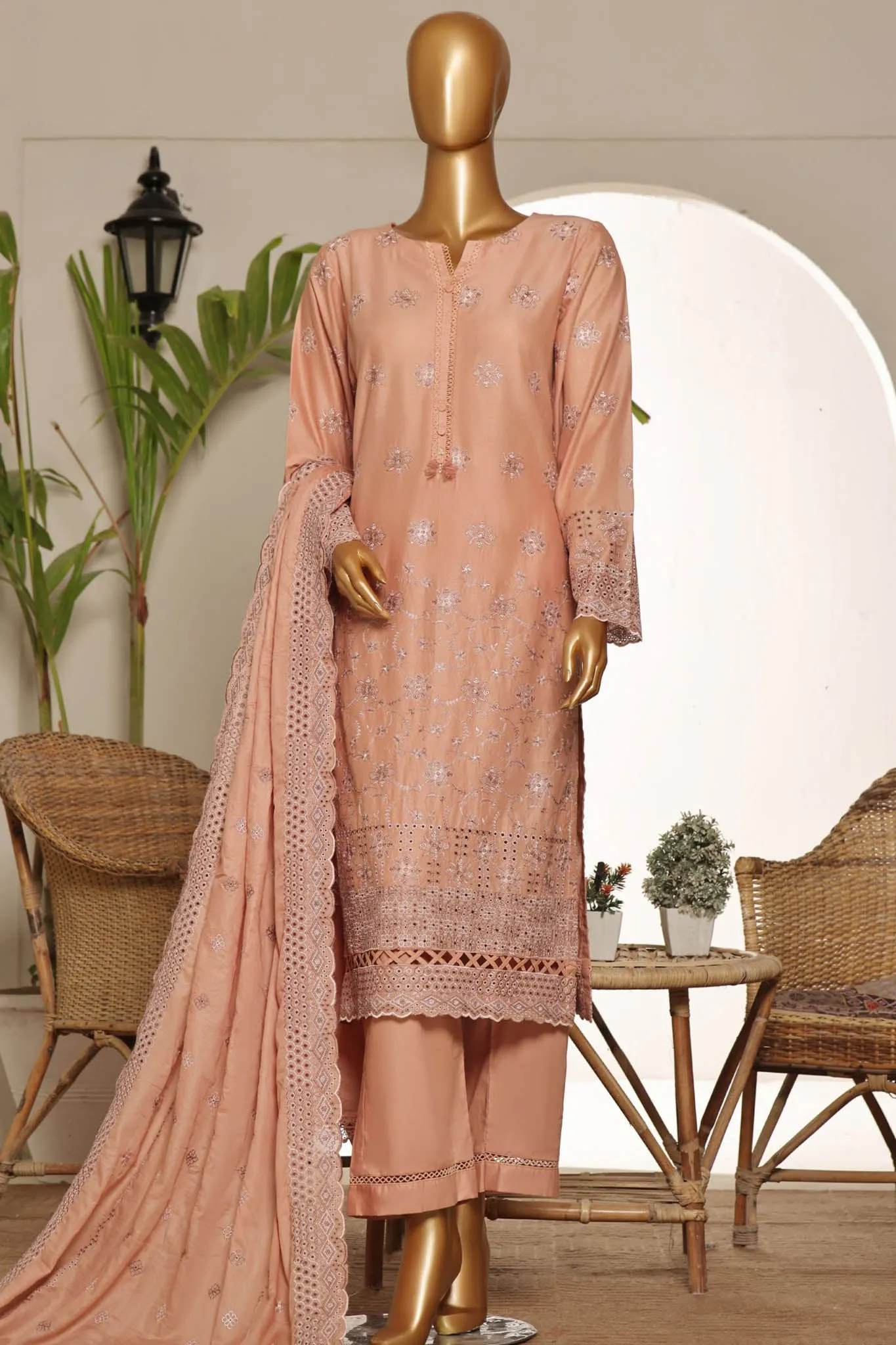 Sada Bahar Stitched 3 Piece Lawnkari Emb Lawn Collection'2024-LKK-04-Peach