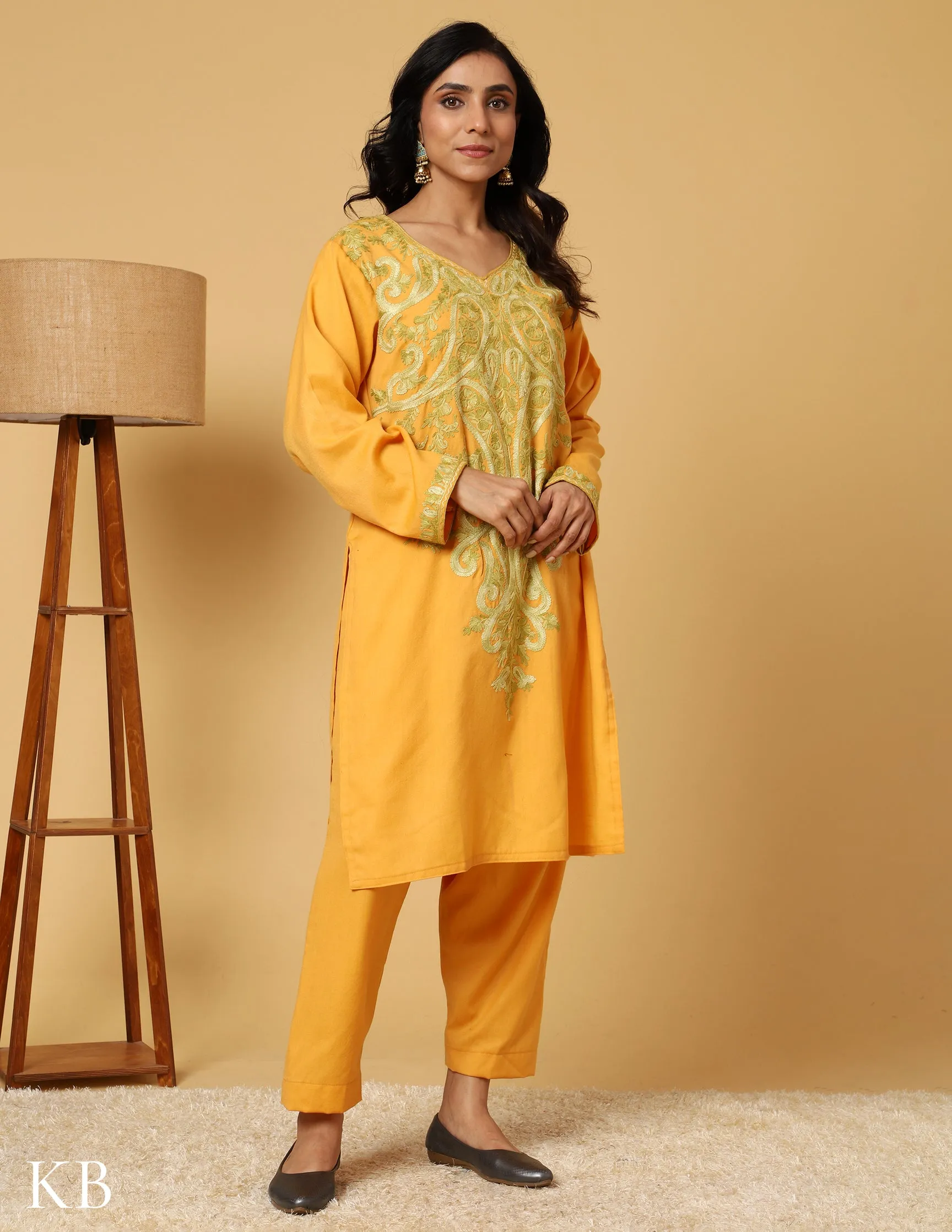 Sunshine Yellow Aari Embroidered Woolen Suit Set