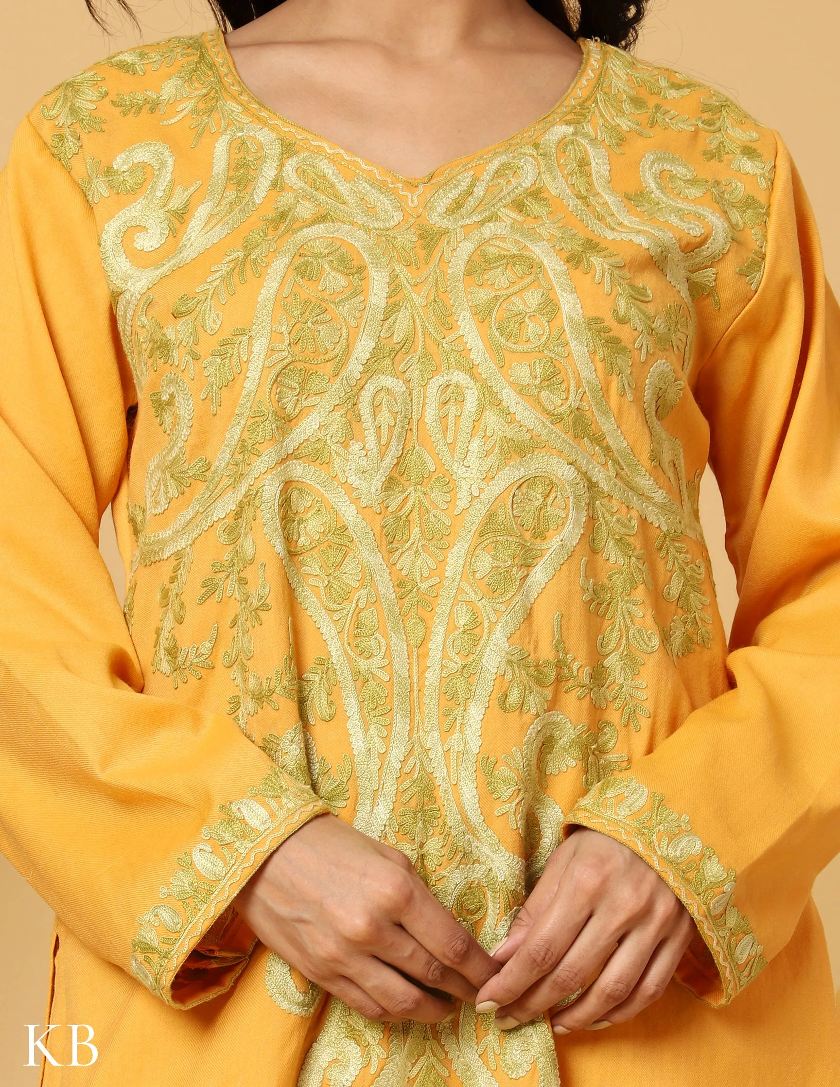 Sunshine Yellow Aari Embroidered Woolen Suit Set