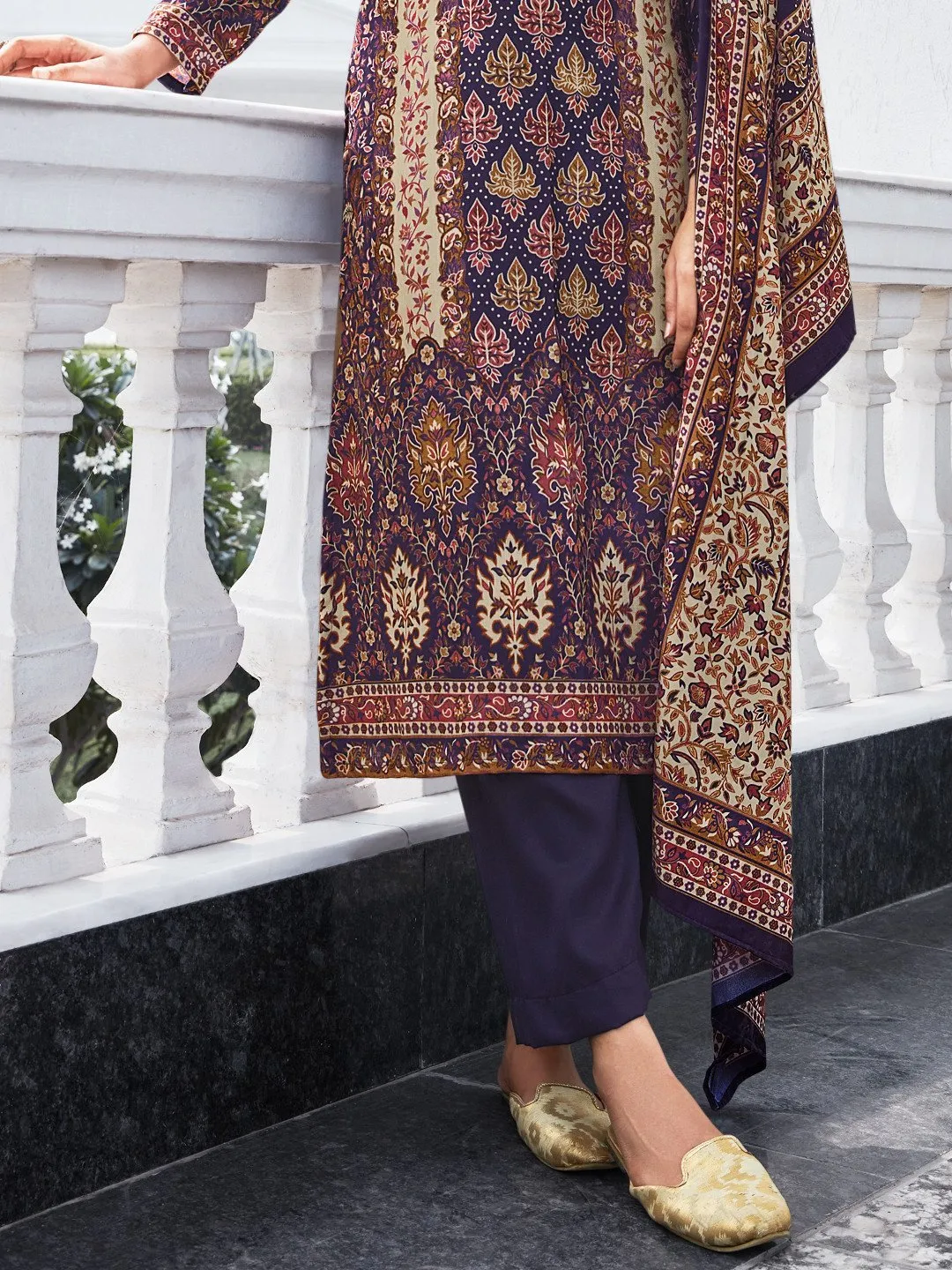 Woolen Pashmina Printed Unstitched Blue Winter Suits