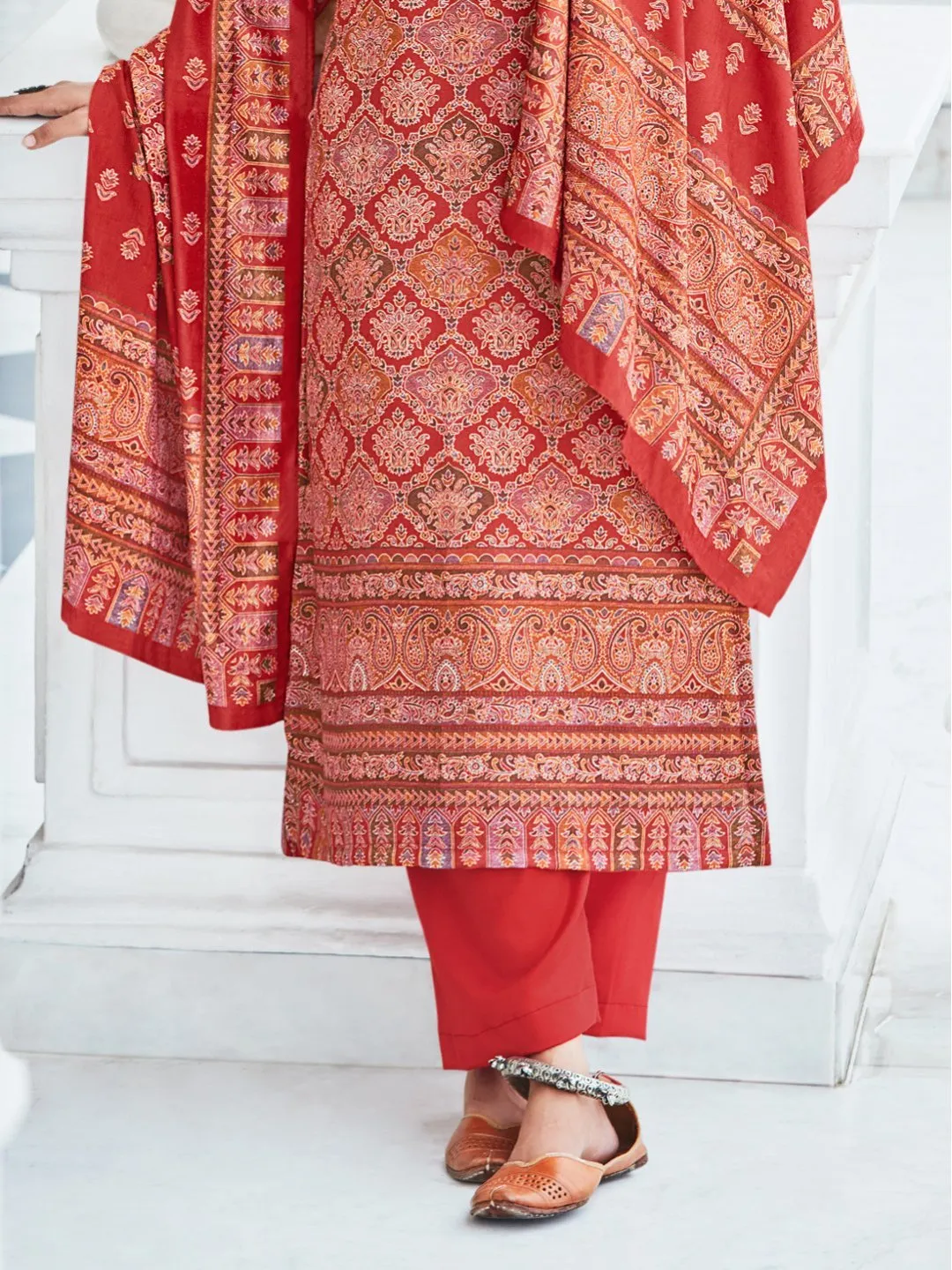 Woolen Pashmina Printed Unstitched Red Winter Suits